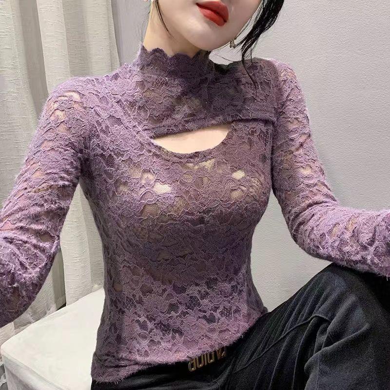 半高领镂空网纱针织打底衫女秋冬新款韩版雕花蕾丝内搭毛衣女上衣