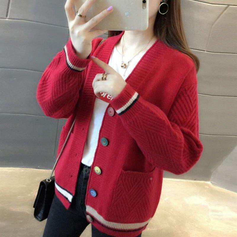 2026春装新款女装拼色外搭针织开衫短款韩版宽松毛衣外套女长袖潮