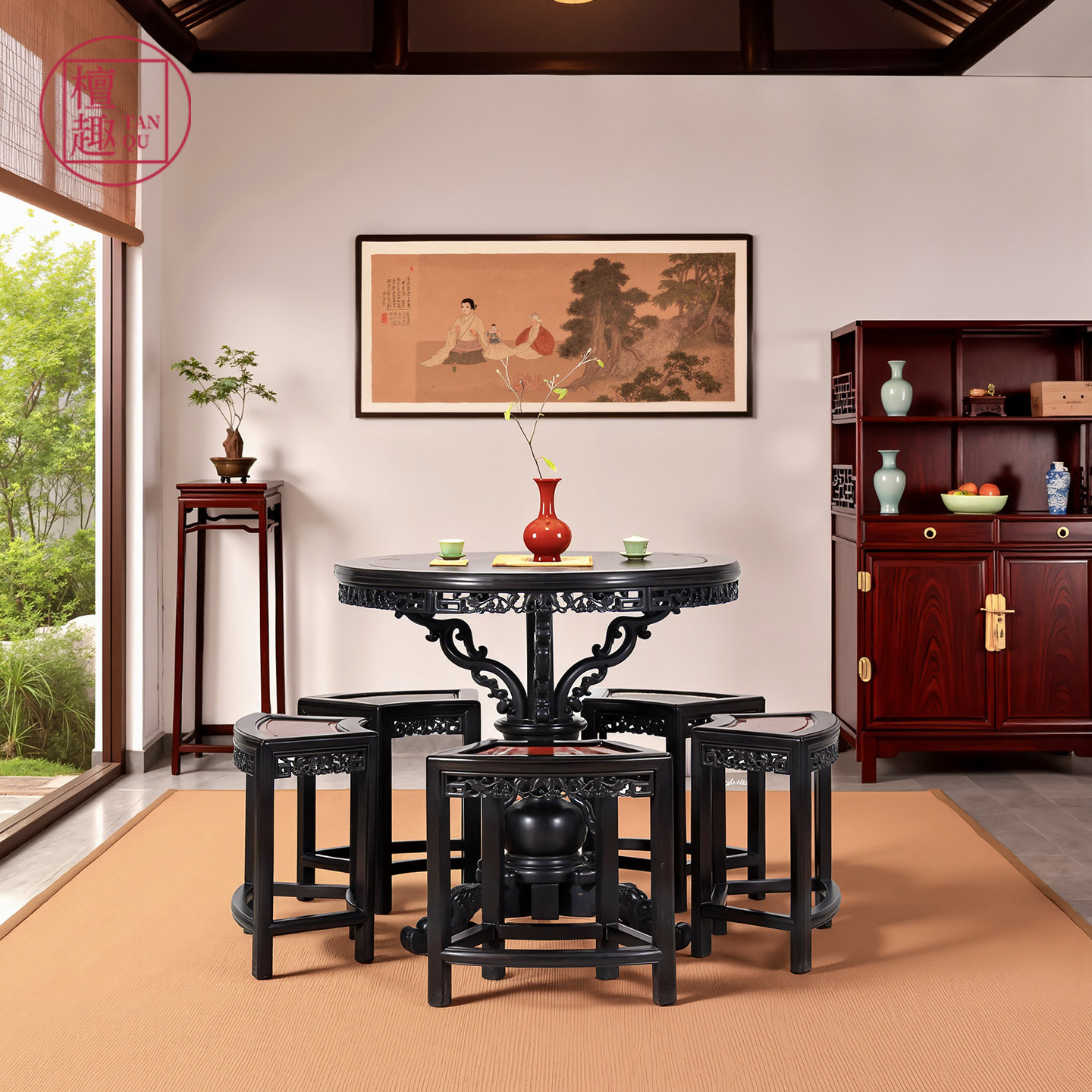 檀趣国标红木家具紫光檀嵌奥氏黄檀百灵台餐桌中式圆桌餐厅圆台