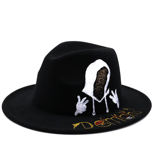 外贸手绘彩绘闪电平檐礼帽爵士帽子情侣毛呢礼帽Men Fedora Hat