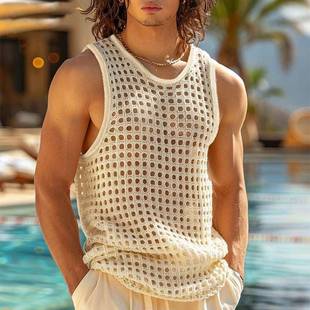 2025夏季 t恤男网眼透视性感针织背心Men 镂空健身运动无袖