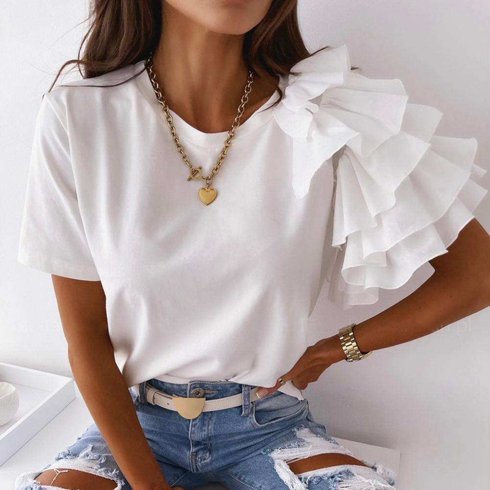 Sleeve Asymmetric Loose T-shirt Top for Summer Women Blouses