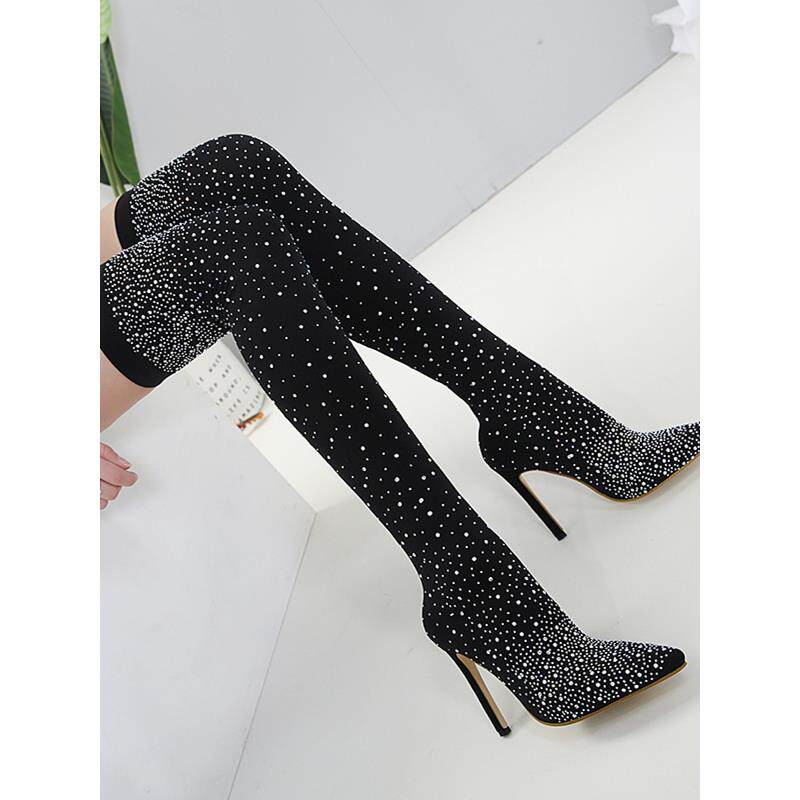 Lazada Women Boots 新款外贸尖头水钻细高跟夜店大码过漆袜靴女