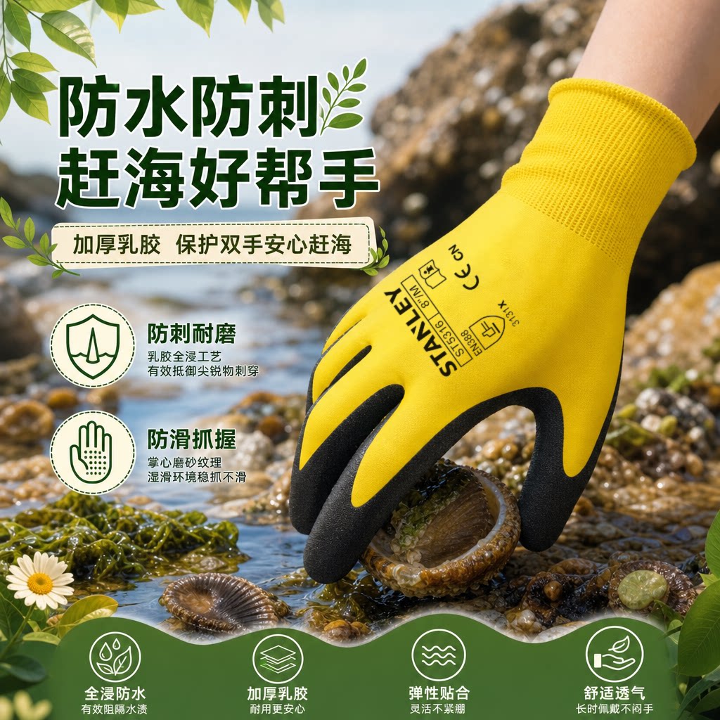 史丹利劳保手套防水防护加厚乳胶园艺赶海种植家用防滑防割防刺