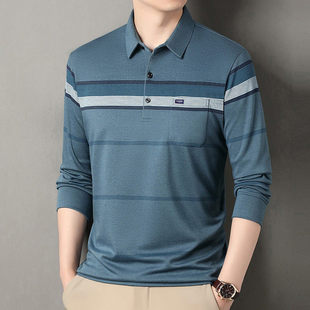 大码 中老年男士 长袖 t恤翻领中年爸爸真口袋秋衣打底Polo衫 体恤衫