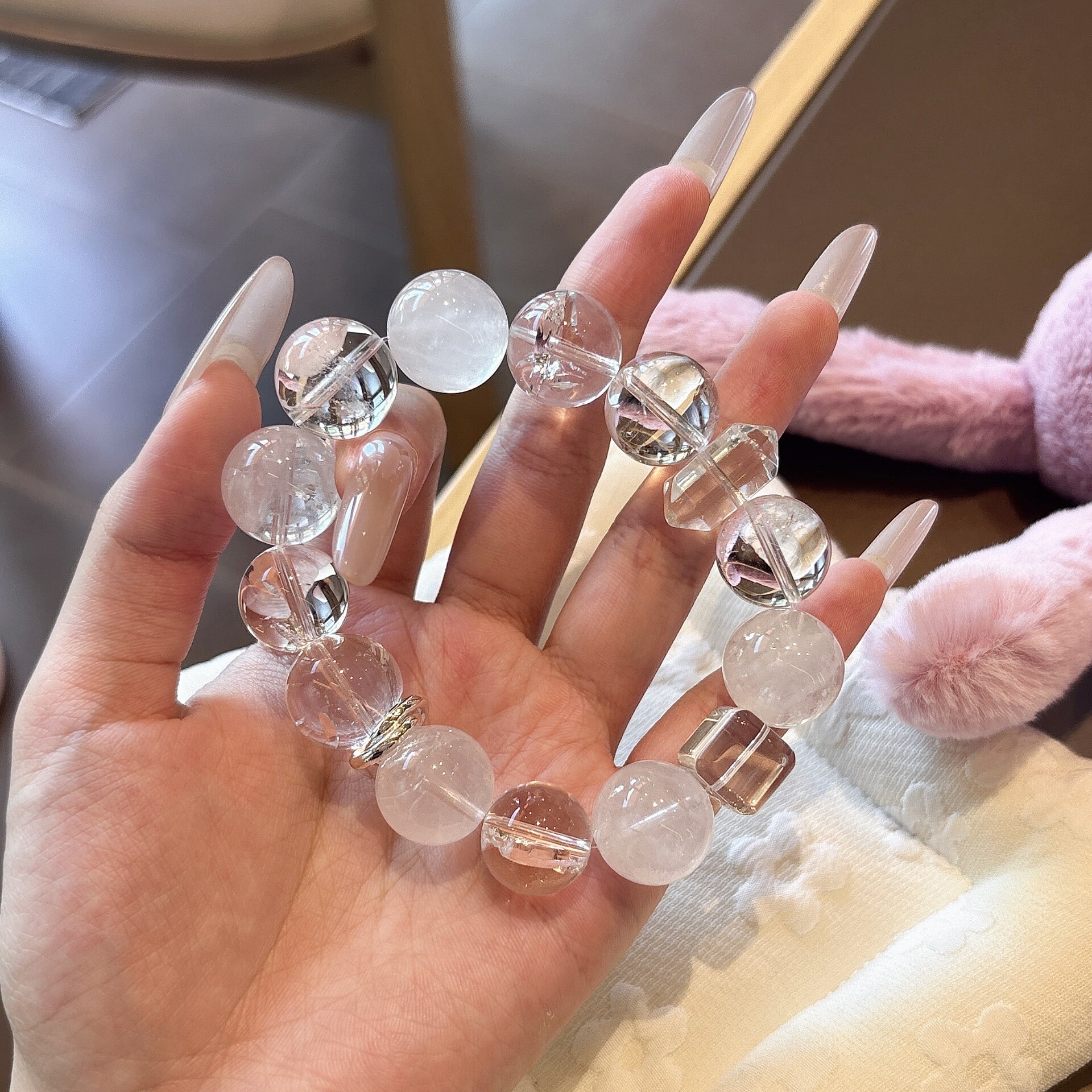 粉黛天然粉晶手串女大颗粒白水晶貔貅手链少女心气质百搭原创设计
