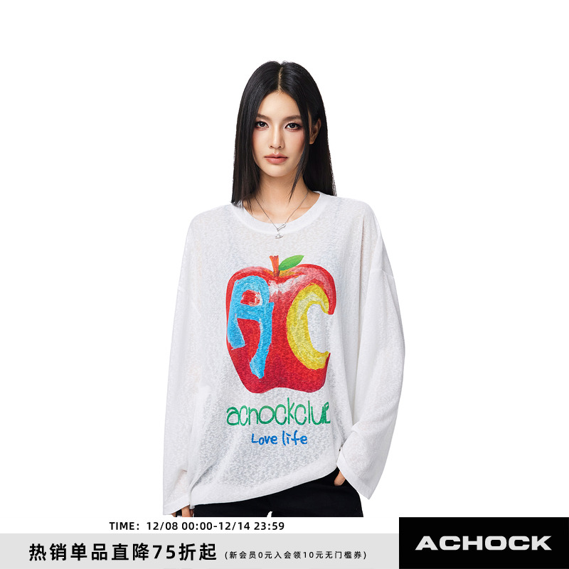 【Achock官方店】苹果字母印花打底上衣潮牌新款圆领长袖防晒罩衫