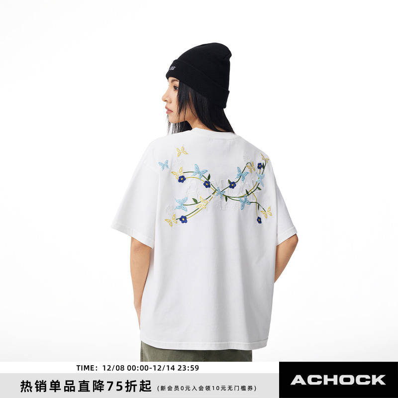 【Achock官方店】美式复古刺绣花卉新款短袖小众圆领情侣T恤男女