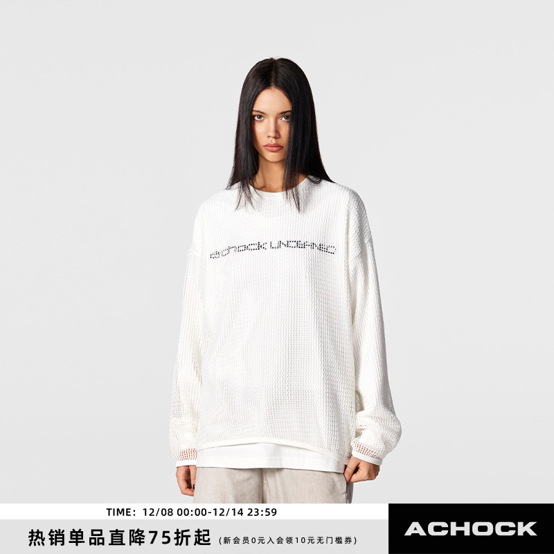 【Achock官方店】潮牌假两件重工镂空印花长袖t恤男重磅圆领上衣