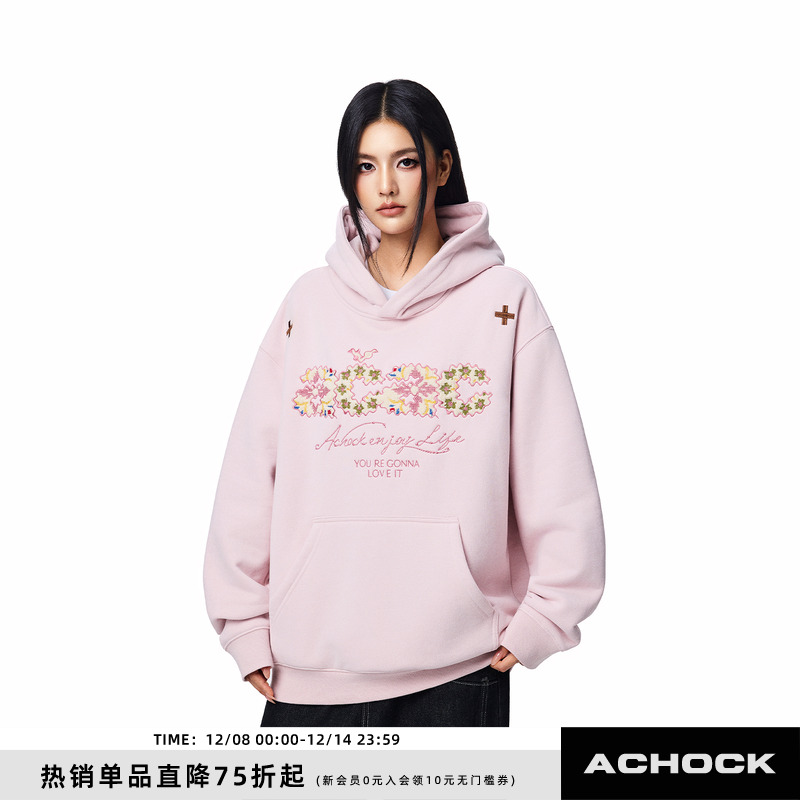 【Achock官方店】acac系列毛巾绣连帽卫衣美式街头帽衫外套头卫衣