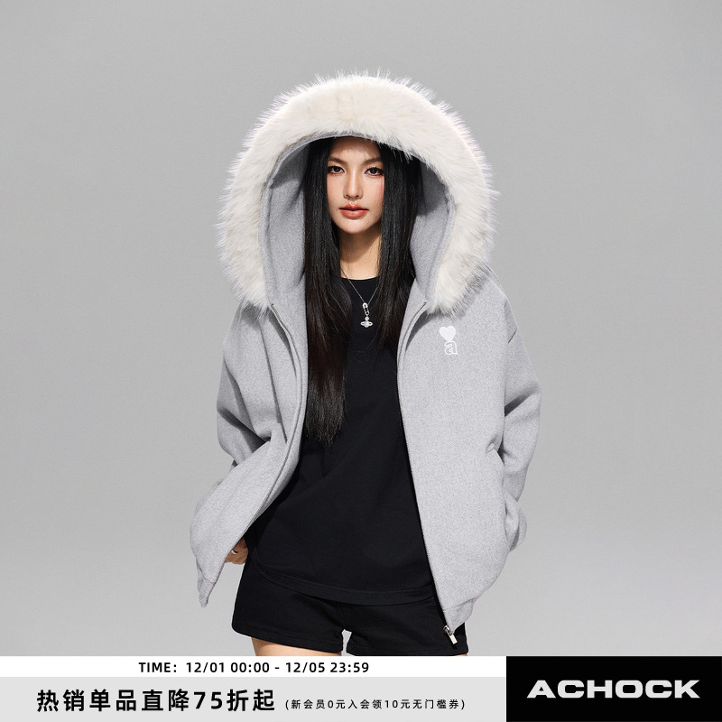 【Achock官方店】毛呢羚羊绒简约连帽毛领外套冬加厚保暖夹克棉服