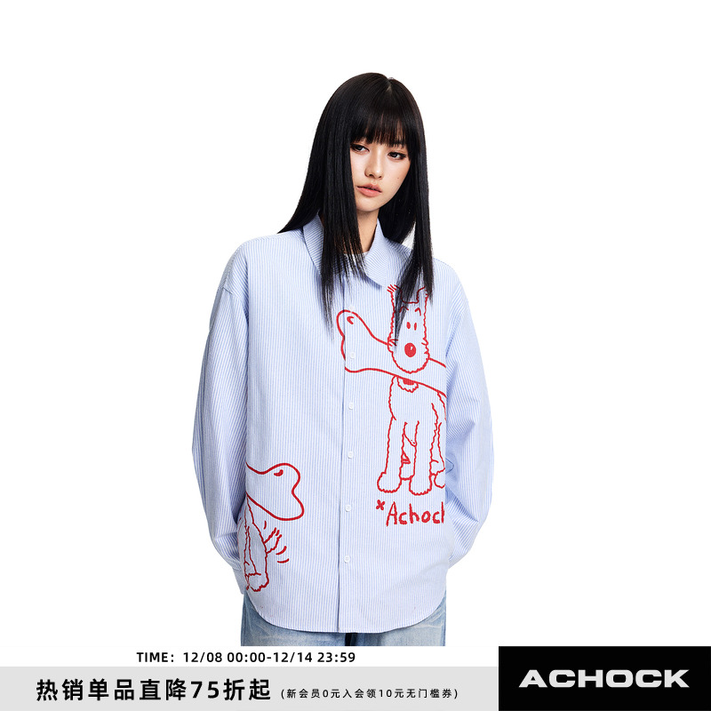 【Achock官方店】嘻哈撞色西高地犬印花衬衫潮牌街头新款情侣衬衣
