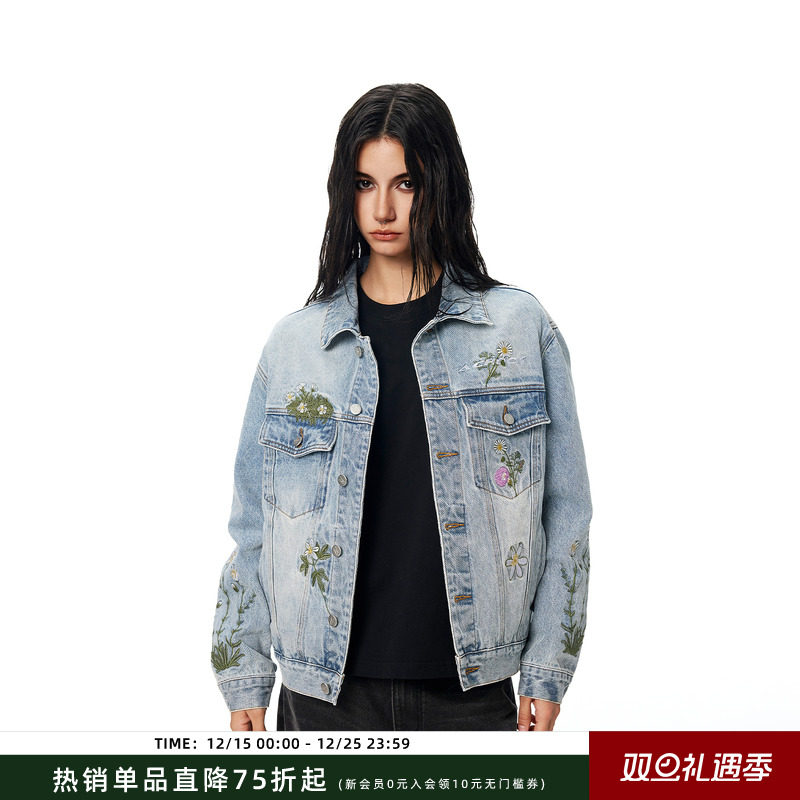 【Achock官方店】水洗牛仔花卉重工刺绣短款外套潮牌新款翻领夹克