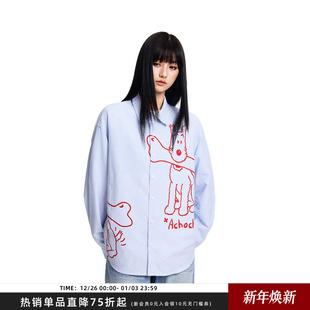 潮牌街头新款 嘻哈撞色西高地犬印花衬衫 情侣衬衣 Achock官方店