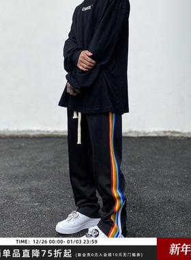 A chock国潮原创街头侧面彩虹拉链休闲裤坠感直筒抽绳潮牌运动裤