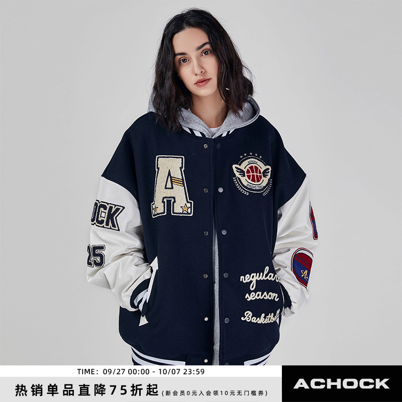 Achock毛巾绣美式字母植绒棒球服