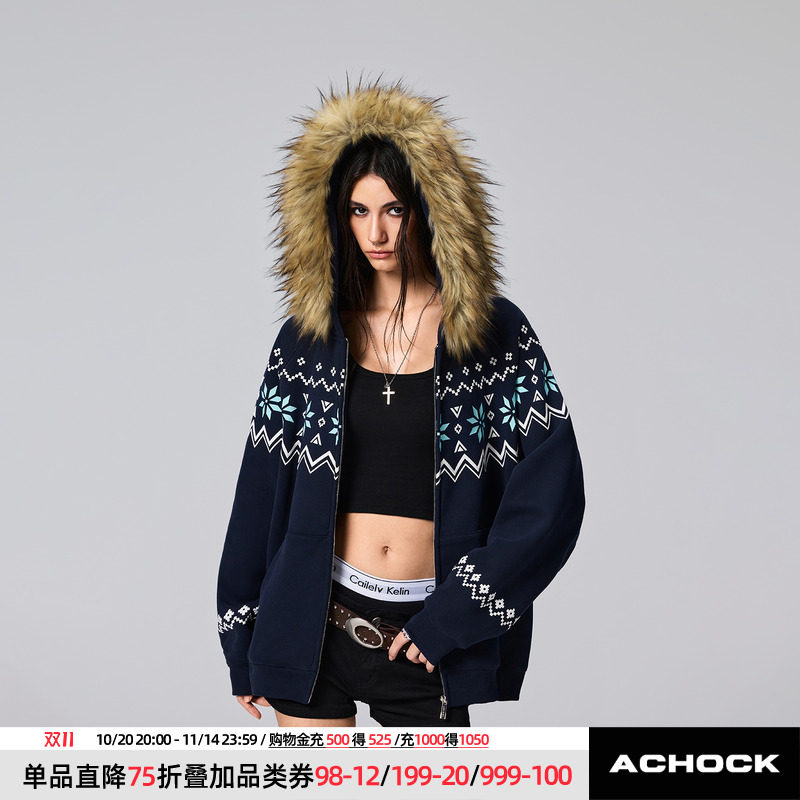 【Achock官方店】潮牌费尔岛花纹印花连帽卫衣高街情侣毛领外套男