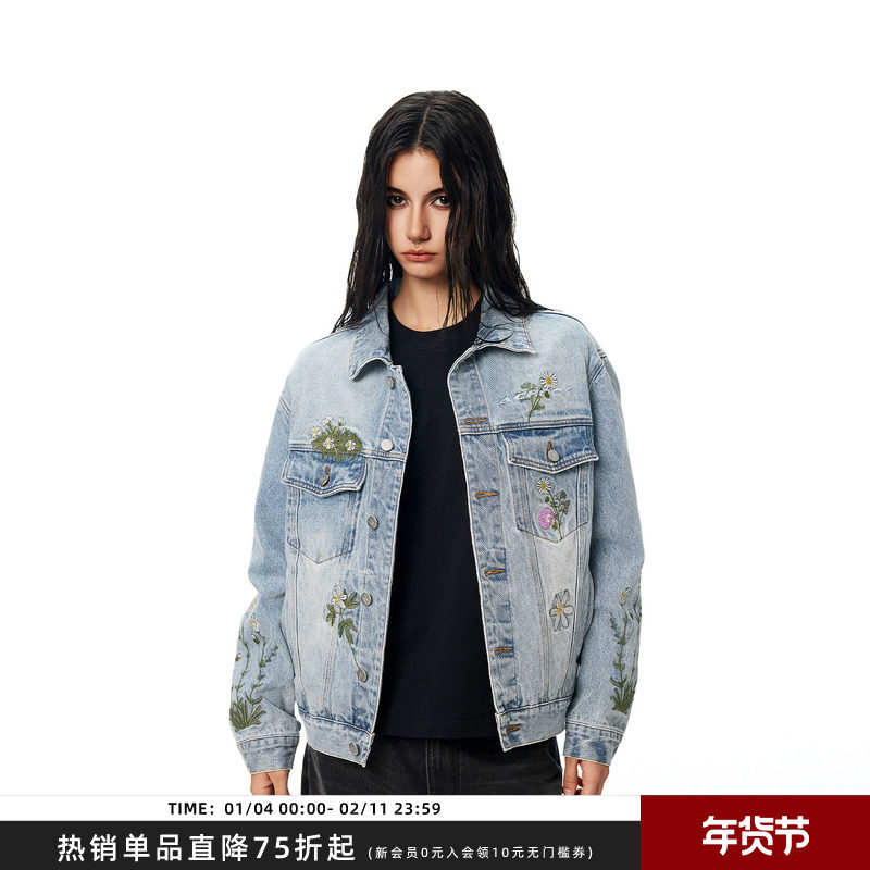 【Achock官方店】水洗牛仔花卉重工刺绣短款外套潮牌新款翻领夹克,男装,牛仔外套,淘宝优惠券,粉丝福利购,淘宝优惠卷