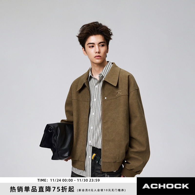 【Achock官方店】复古痞帅翻领美拉德工装夹克麂皮卡其色外套男