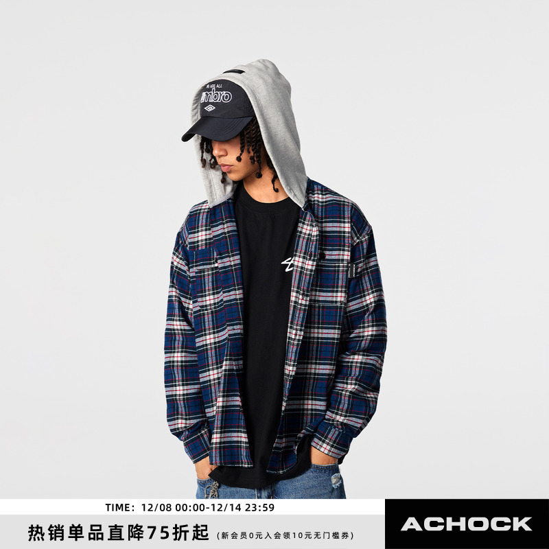 【Achock官方店】街头撞色蓝色格纹连帽长袖衬衫美式复古休闲外套
