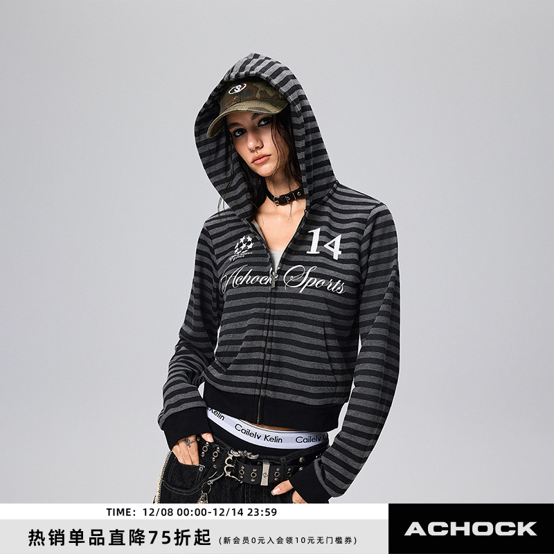 【Achock官方店】条纹短款卫衣外套街头哥特美式拉链连帽卫衣百搭