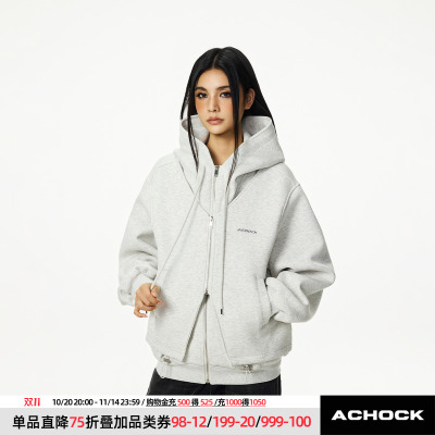 【Achock官方店】双拉链空气层开衫连帽卫衣外套春款拉链情侣上衣