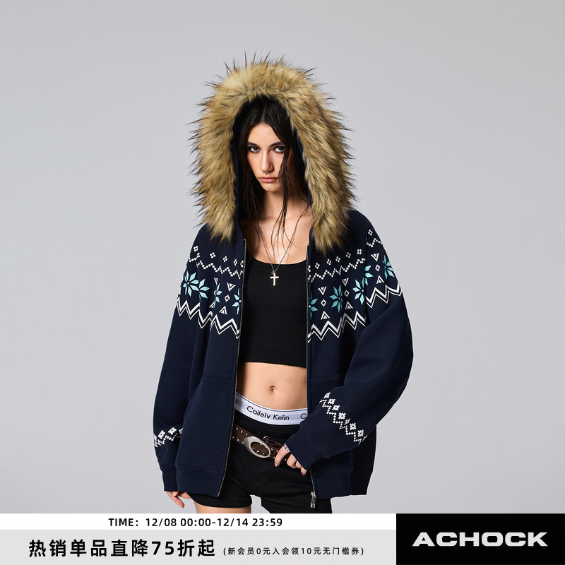 【Achock官方店】潮牌费尔岛花纹印花连帽卫衣高街情侣毛领外套男