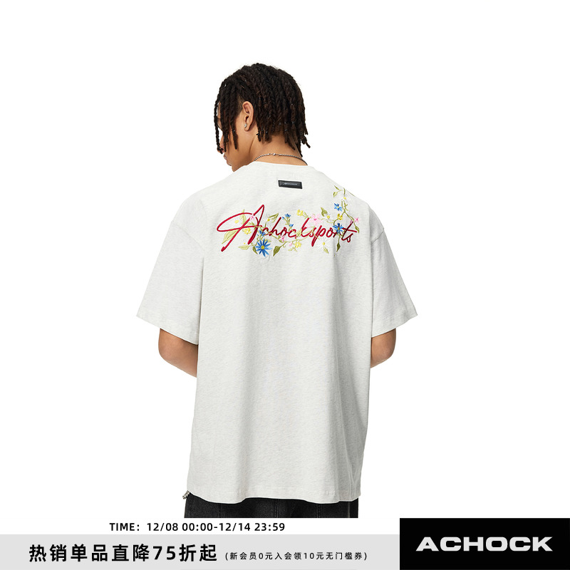 【Achock官方店】花体刺绣logo短袖T恤男女潮牌美式宽松半袖情侣