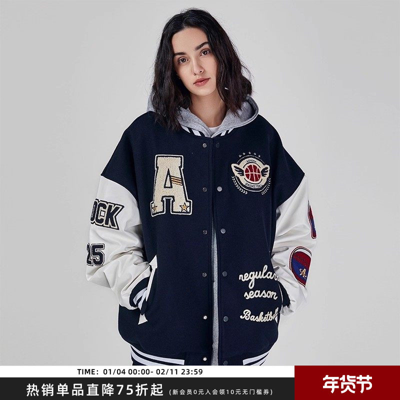 【Achock官方店】潮牌毛巾绣美式字母棒球服男女街头夹棉加厚夹克