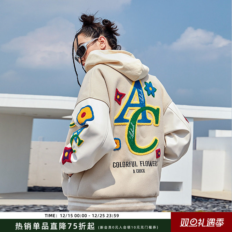 【Achock官方店】美式碎花毛巾绣植绒夹克杏色单排扣棒球服男女潮