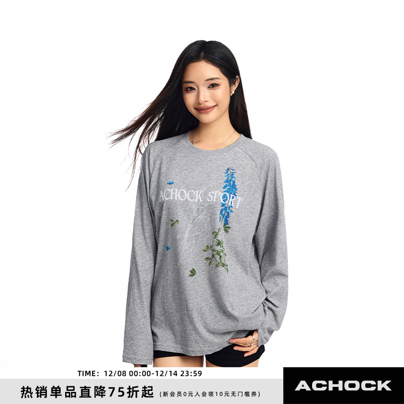 【Achock官方店】美式街头植物花卉长袖罩衫潮牌新款圆领上衣T恤