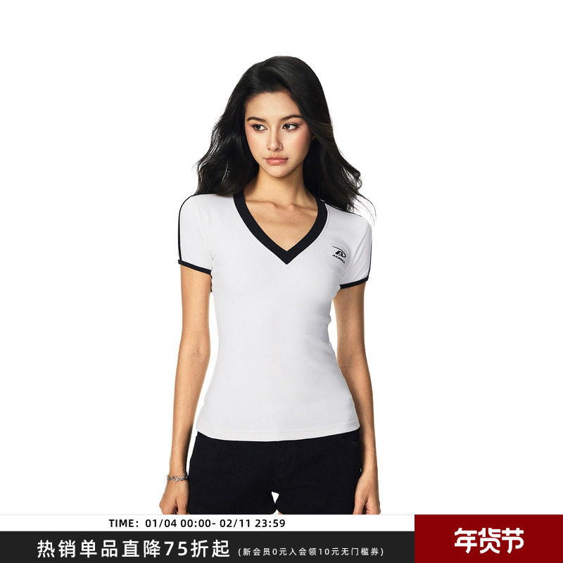 【Achock官方店】复古辣妹V领撞色短袖T恤女夏季运动修身显瘦上衣