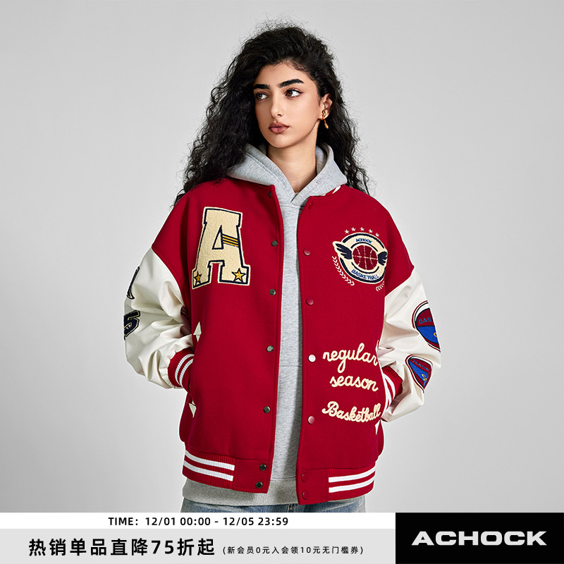 美式重磅字母毛巾绣植绒棒球服