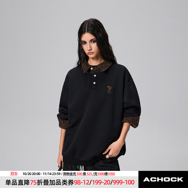 【Achock官方店】复古街头豹纹拼接翻领卫衣美式重磅polo套头外套