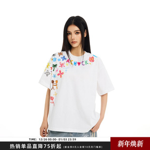 T恤高街情侣圆领短袖 潮牌创意卡通涂鸦印花半袖 Achock官方店