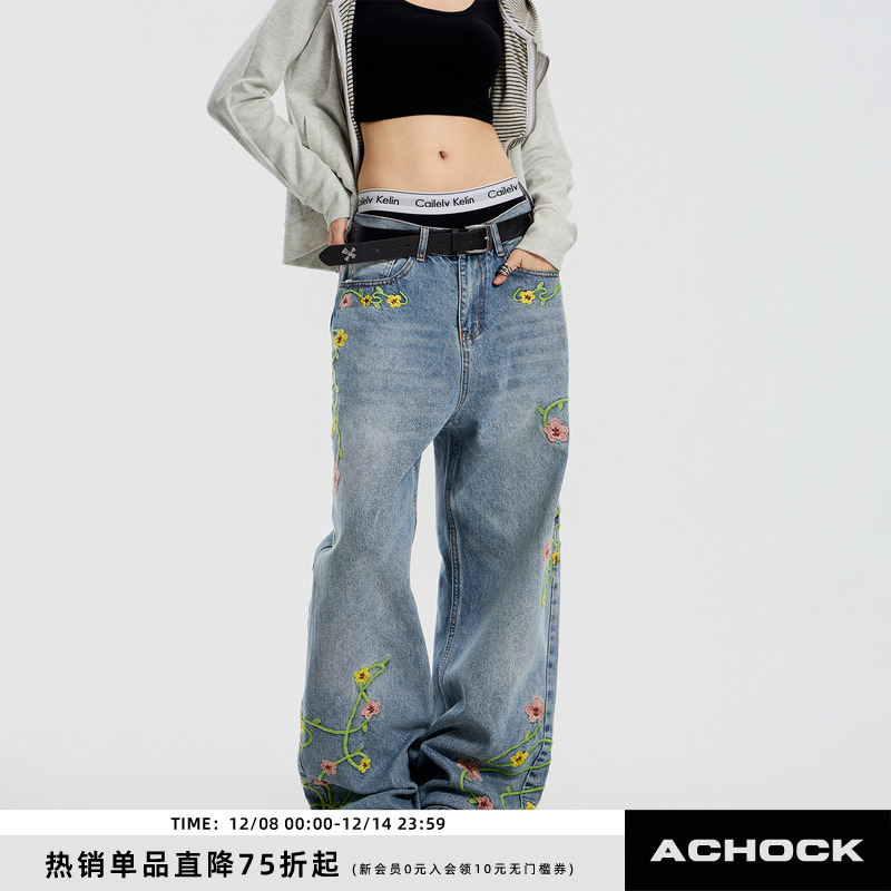 【Achock官方店】美式嘻哈花朵刺绣直筒牛仔裤垂感直筒复古长裤男