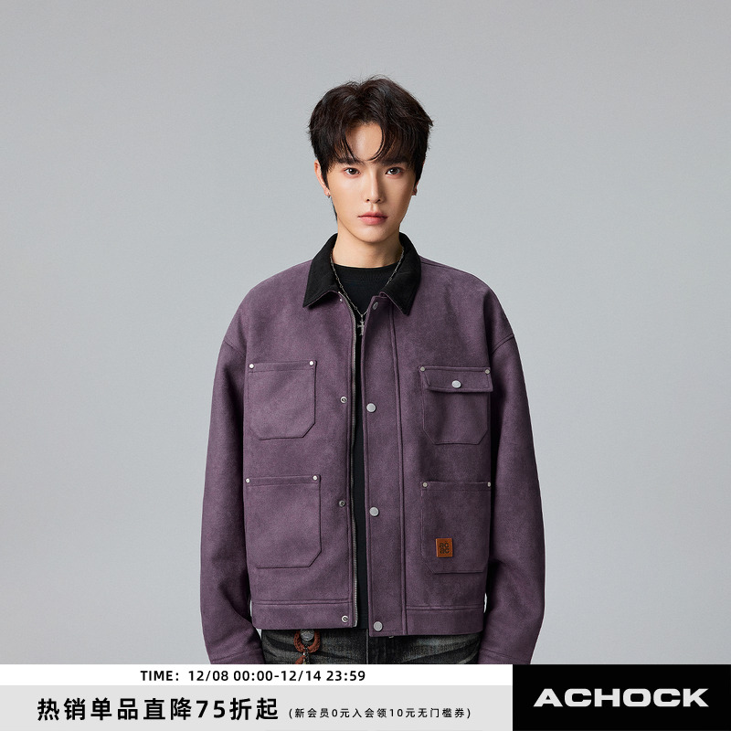 【Achock官方店】街头复古重工做旧麂皮多口袋翻领外套潮牌夹克男