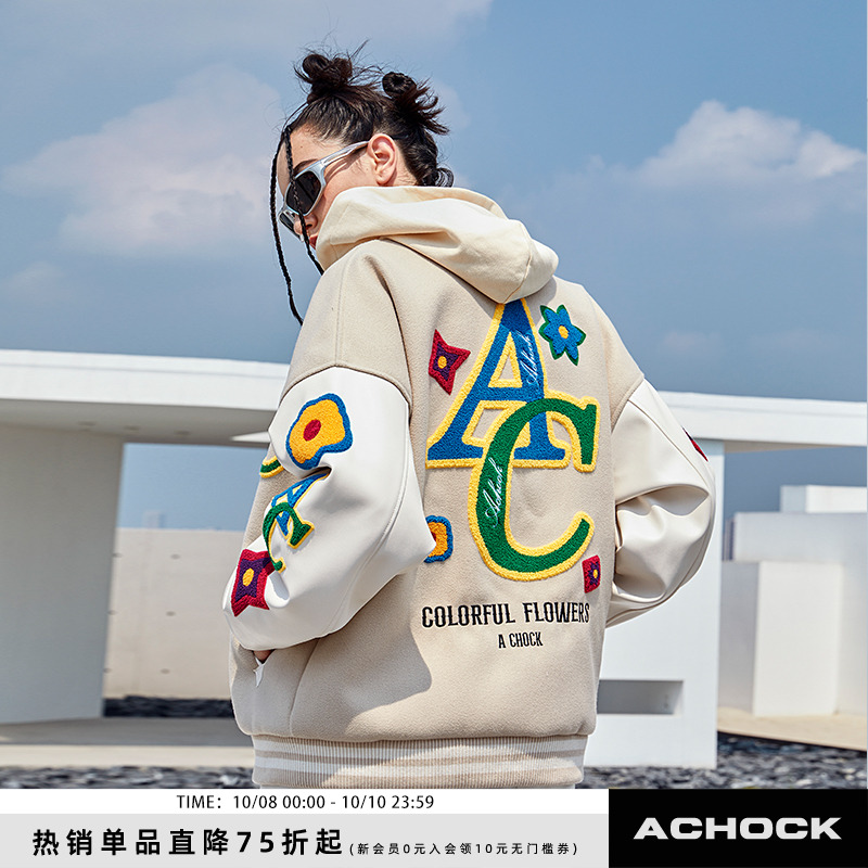 毛巾绣achock单排扣棒球服秋冬