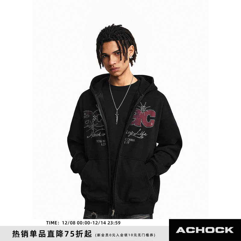 【Achock官方店】美式复古做旧字母印花开衫外套烫钻连帽拉链卫衣