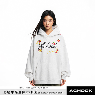 【Achock官方店】嘻哈创意苹果刺绣外套美式高街新款情侣连帽卫衣