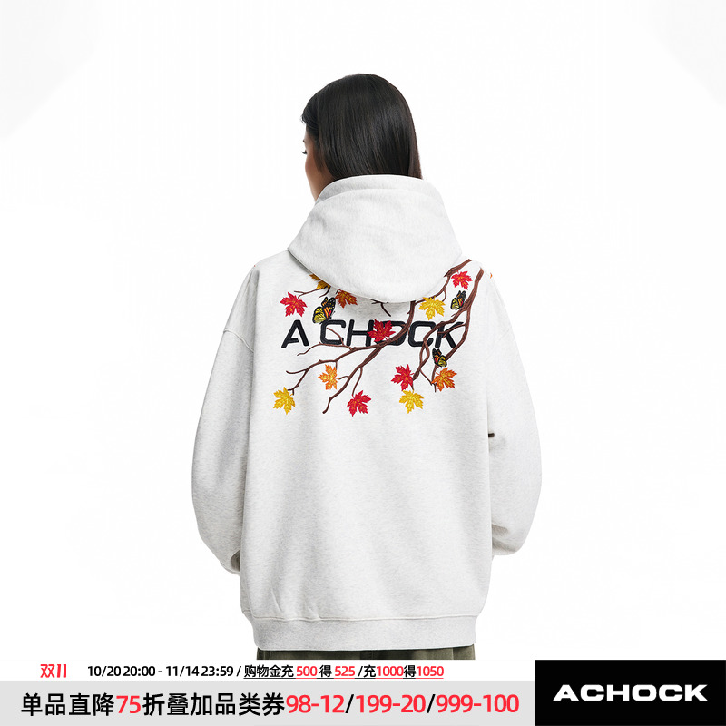 【Achock官方店】潮牌嘻哈枫叶刺绣连帽卫衣美式复古情侣上衣外套