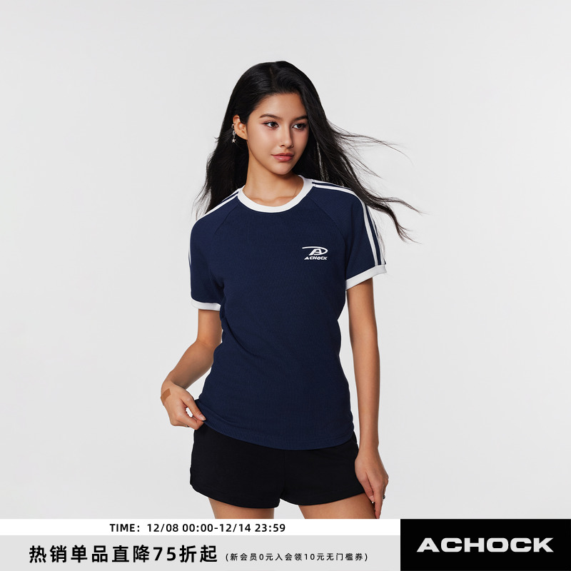 【A chock官方店】美式经典针织条纹拼接显瘦短袖街头甜辣女生t恤
