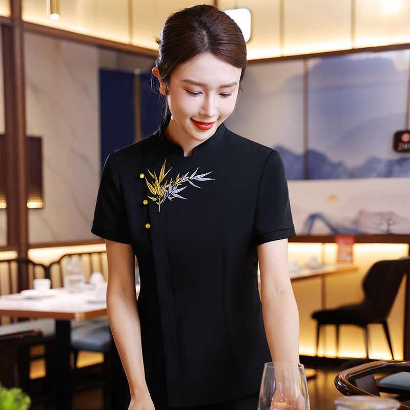 中式酒店服务员工作服短袖女高端中国风饭店饭厅餐饮工装夏季定制
