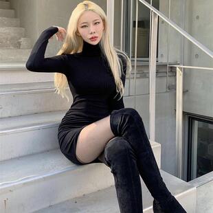 半高领黑色长袖辣妹打底针织连衣裙女秋冬新款纯欲风性感包臂短裙