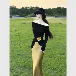 2026春季女装气质高级感独特漂亮时髦洋气黑色斜肩上衣半身裙套装