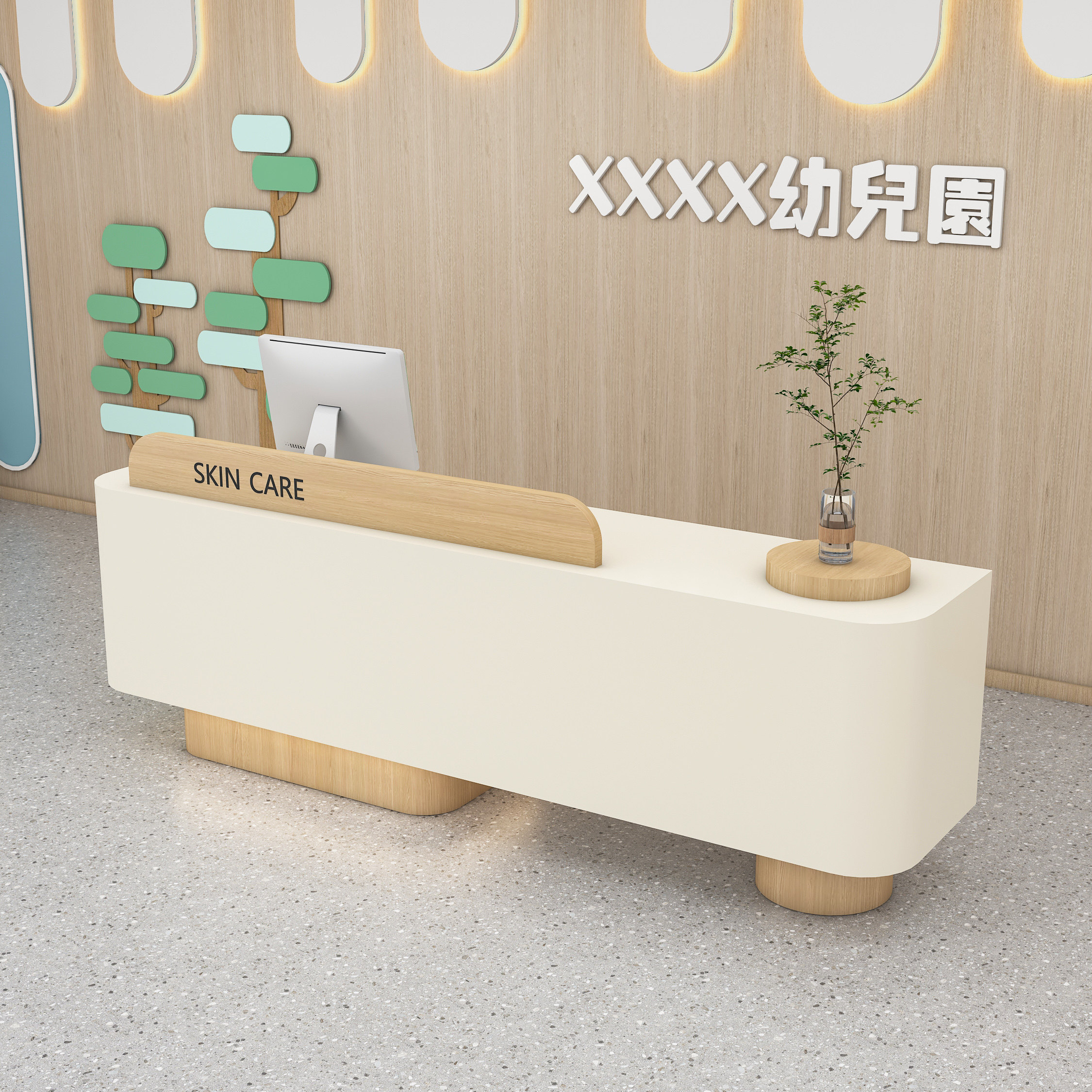 幼儿园奶油风吧台轻奢高级感艺术培训中心机构收银台童装店接待台