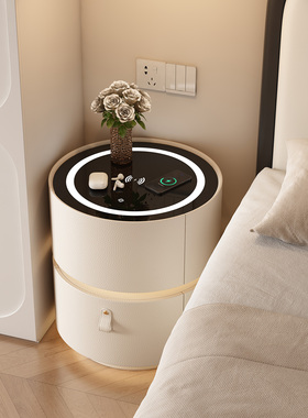 智能圆形床头柜轻奢高级感小户型家用卧室无线充电意式极简床边柜