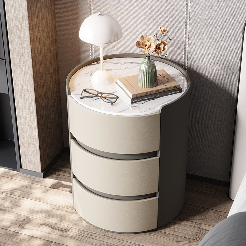 意式极简岩板床头柜简约现代轻奢圆形高级感实木床边柜卧室三层柜
