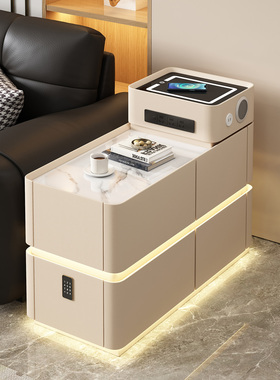 奶油风智能沙发悬浮边柜实木客厅小户型大容量储物隔断扶手小边几