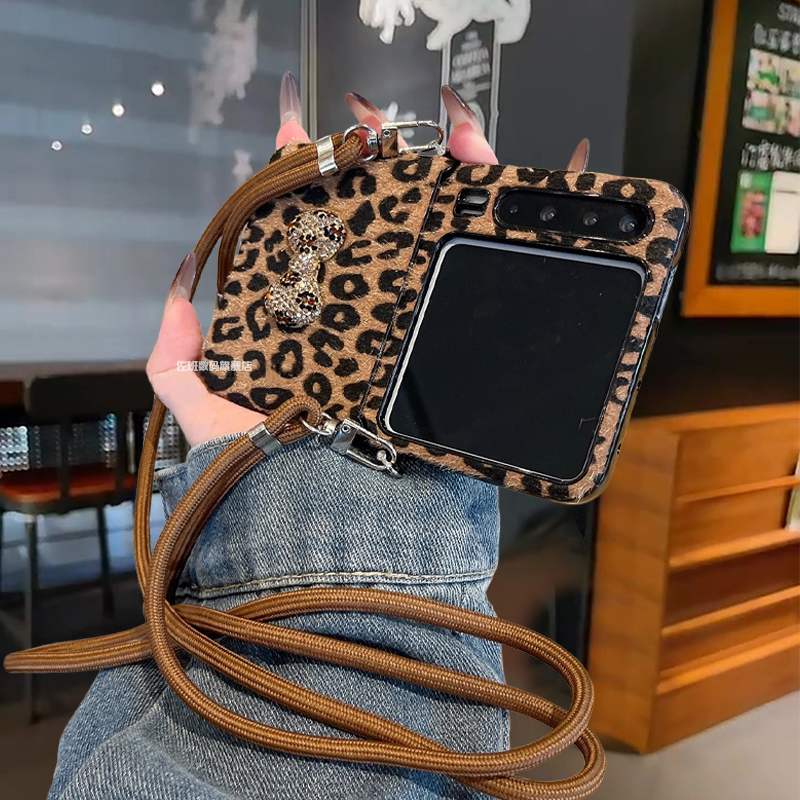 秋冬复古风棕色毛绒豹纹闪钻蝴蝶结适用于华为PuraX手机壳P50pocke保护套带斜挎挂绳Pocket2全包防摔铰链新款